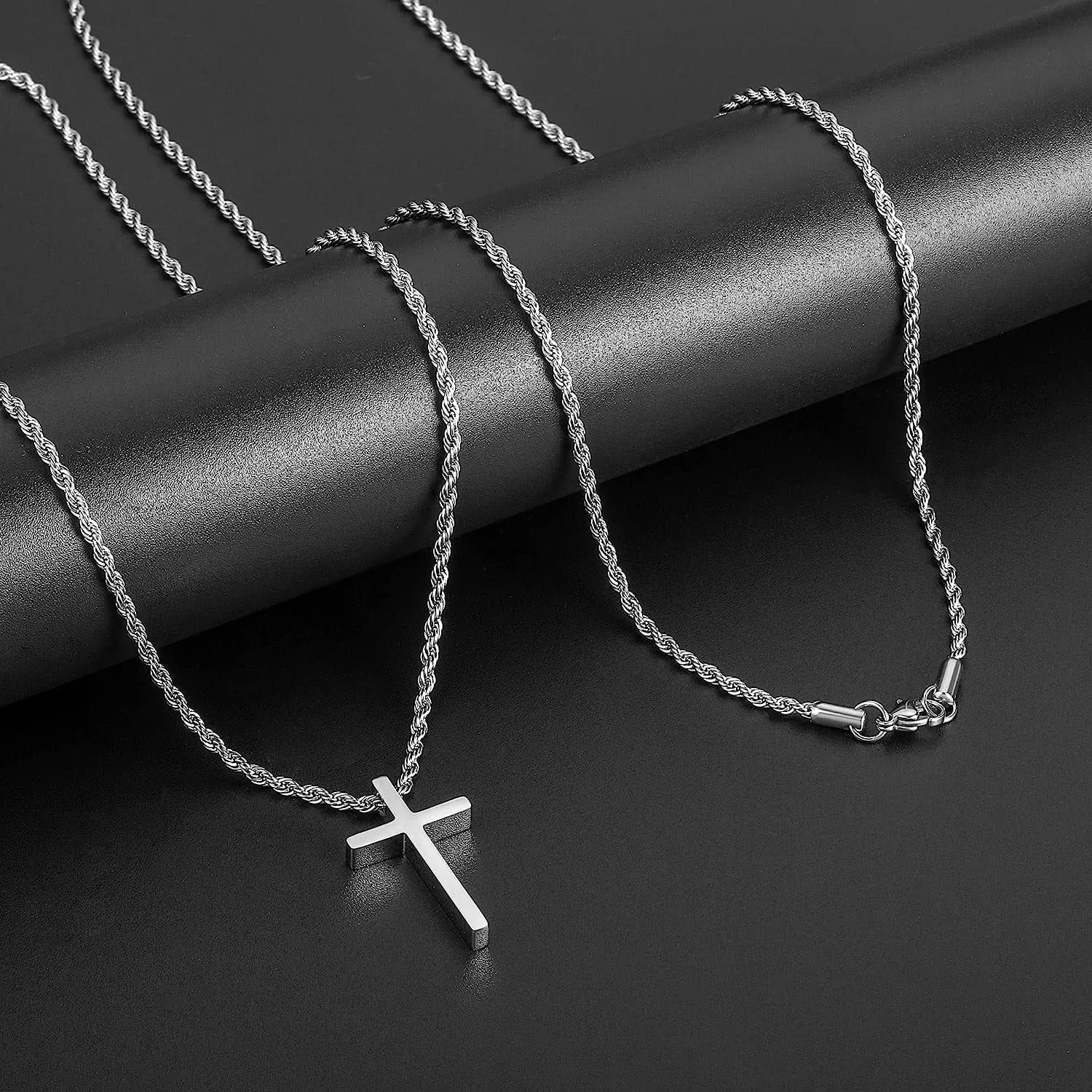 Men’s Cross Pendant Necklace – Stainless Steel Rope Chain (16–24")