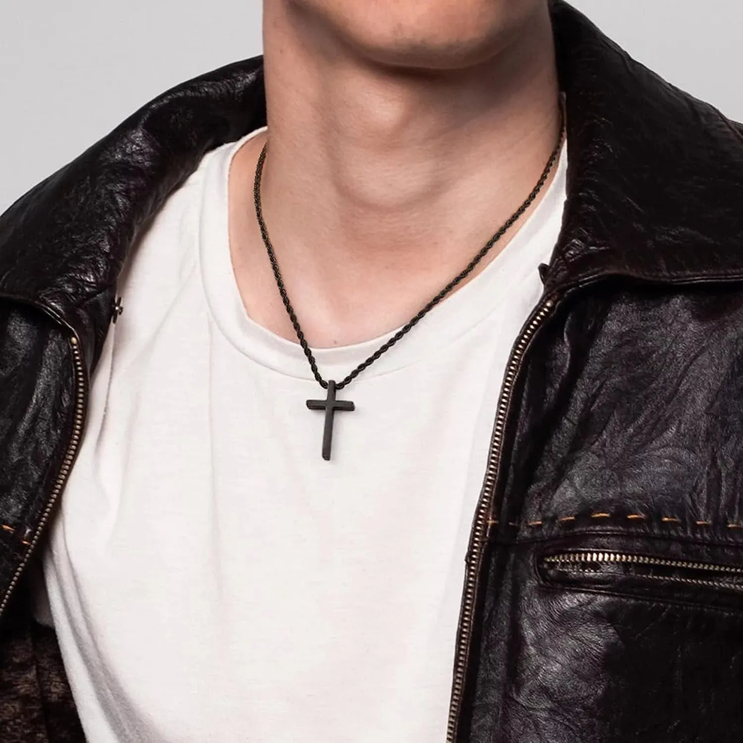 Men’s Cross Pendant Necklace – Stainless Steel Rope Chain (16–24")