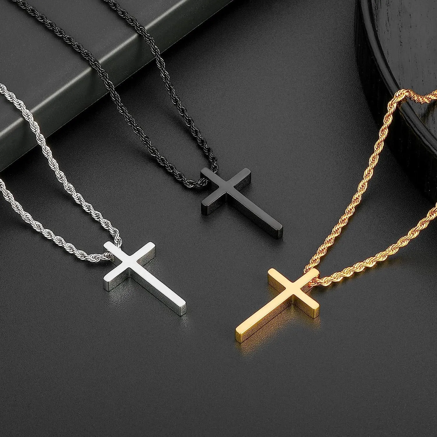 Men’s Cross Pendant Necklace – Stainless Steel Rope Chain (16–24")