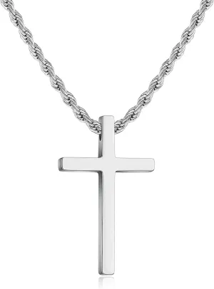 Men’s Cross Pendant Necklace – Stainless Steel Rope Chain (16–24")