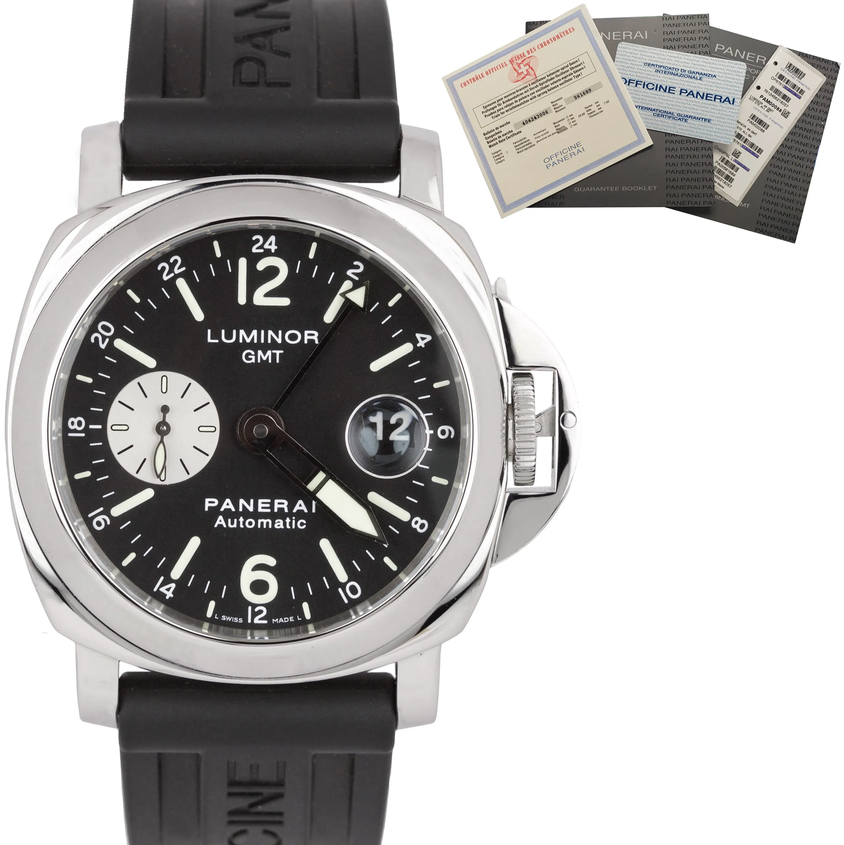 Men's MINT Panerai PAM 88 Luminor GMT Date Automatic Black 44mm Watch PAM00088