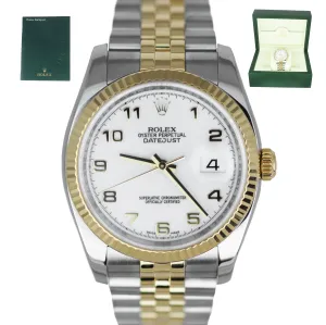 MINT Rolex DateJust 36mm White Arabic 116233 Two-Tone 18K Gold Stainless Jubilee
