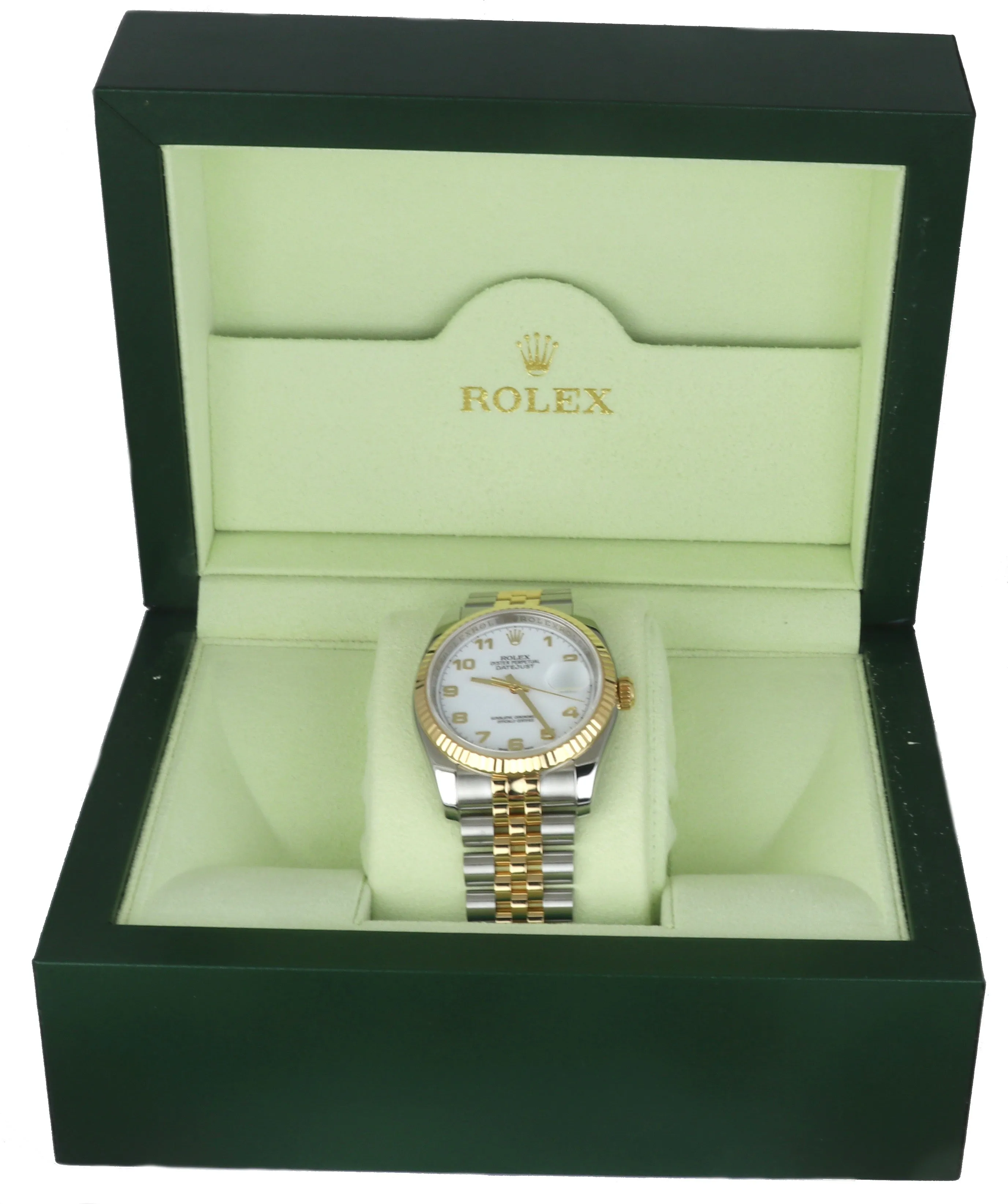 MINT Rolex DateJust 36mm White Arabic 116233 Two-Tone 18K Gold Stainless Jubilee