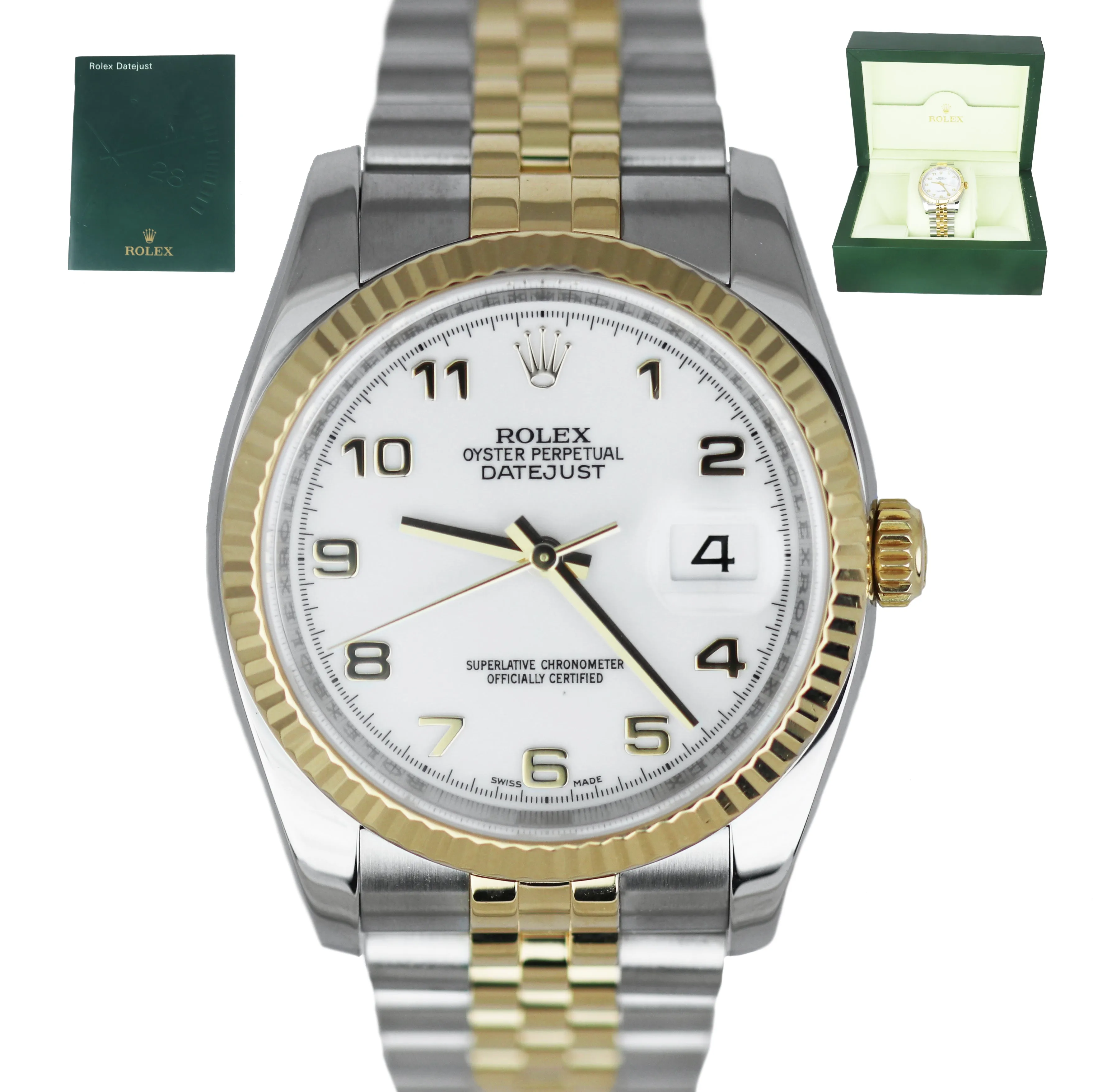 MINT Rolex DateJust 36mm White Arabic 116233 Two-Tone 18K Gold Stainless Jubilee