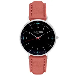 Moderno Vegan Suede Watch Silver, Black & Coral