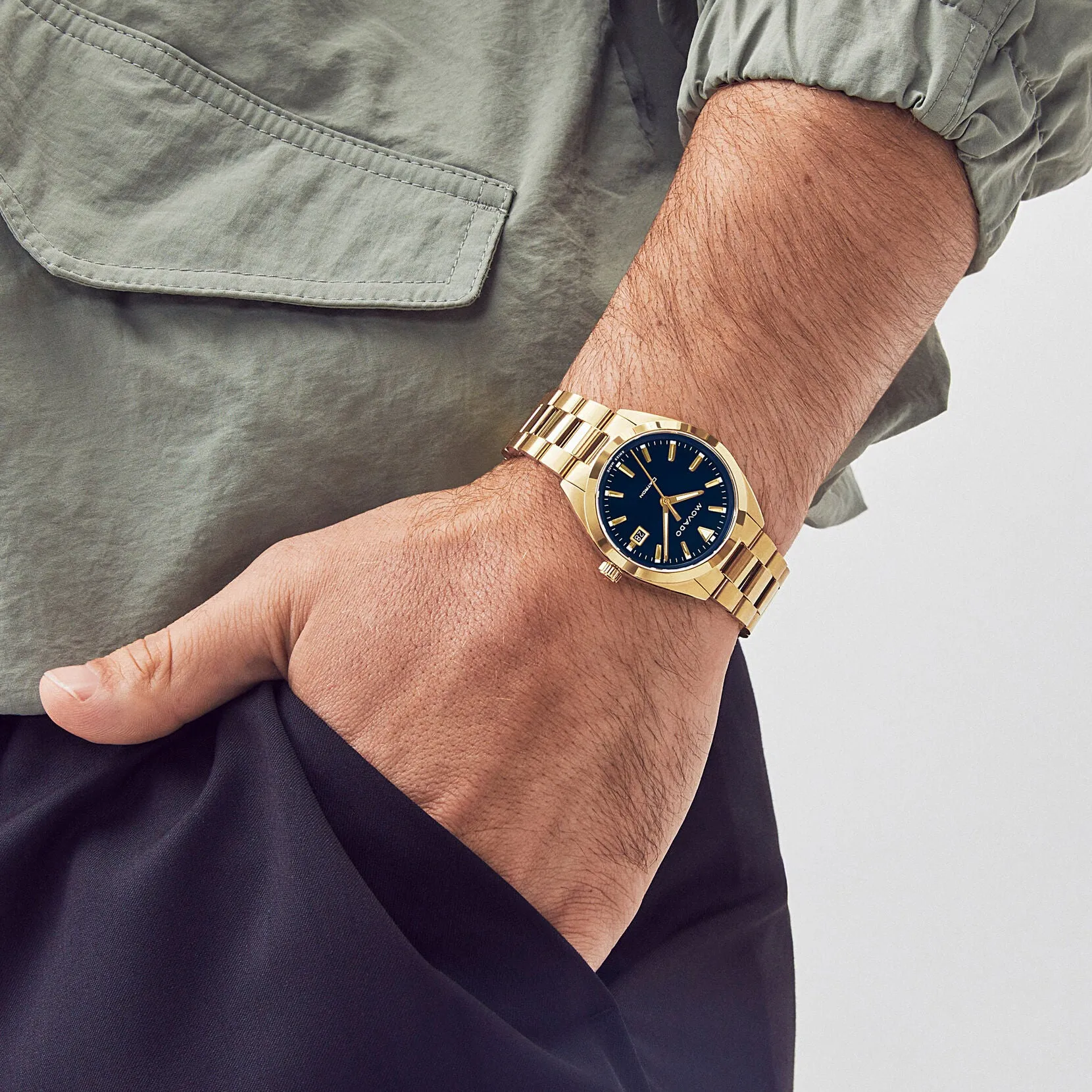 Movado Heritage Series Datron Mens Gold Tone Blue Dial Watch