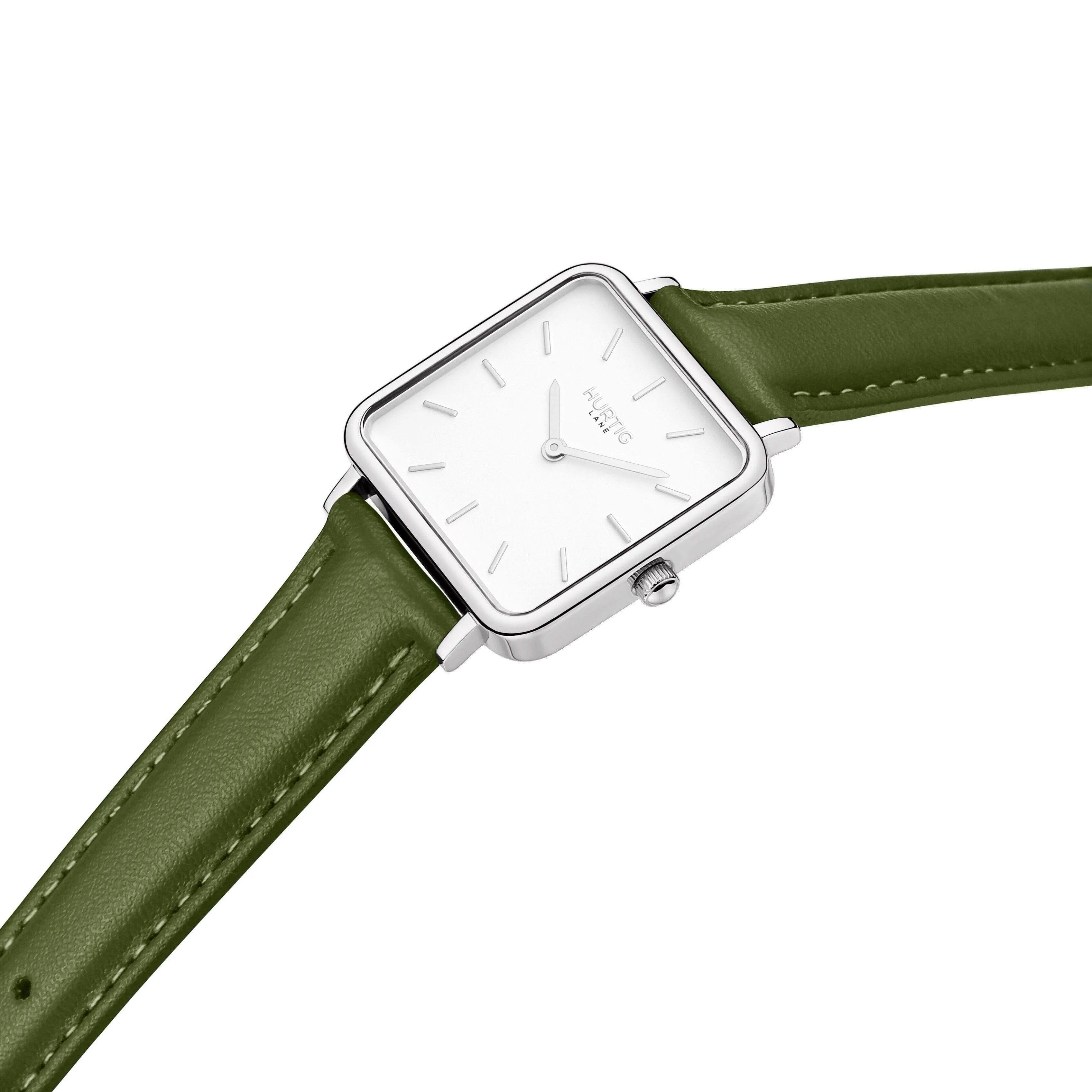 Neliö Square CACTUS Leather Watch Silver, White & Green