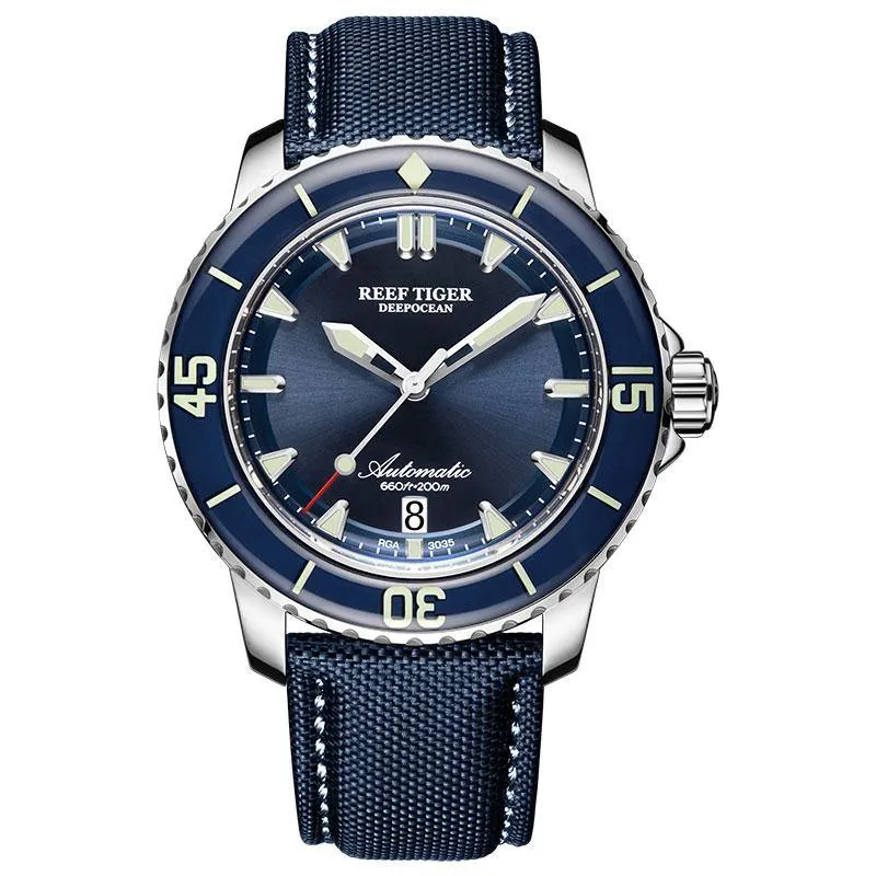 New 2020 Reef Tiger/RT Super Luminous Dive Watches Mens Blue Dial Analog Automatic Watches Nylon Strap reloj hombre RGA3035