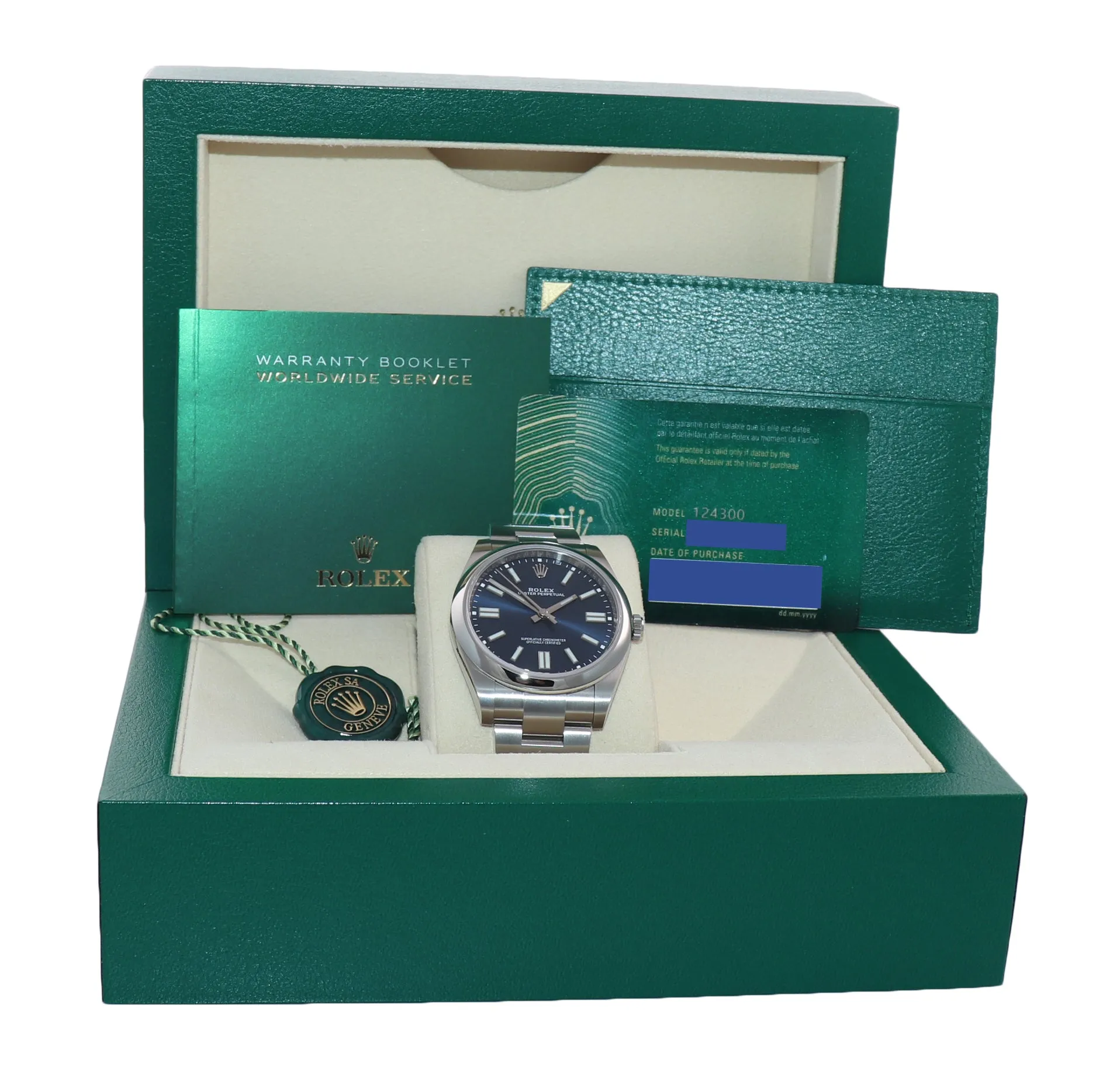 NEW 2022 PAPERS Rolex Oyster Perpetual 41mm Blue Stick Oyster Watch 124300 Box