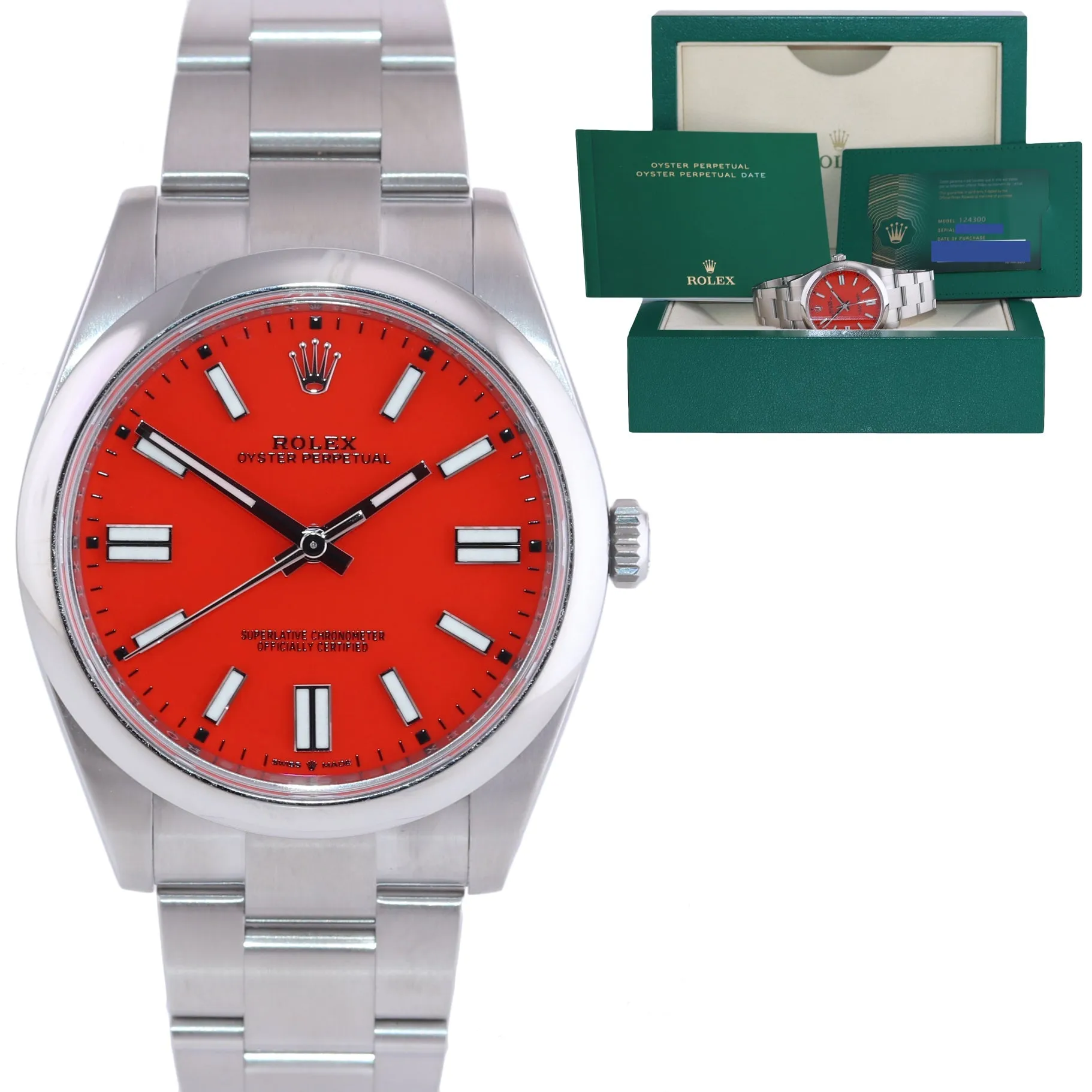 OCT 2021 BRAND NEW PAPERS Rolex Oyster Perpetual 41mm Coral Red Watch 124300