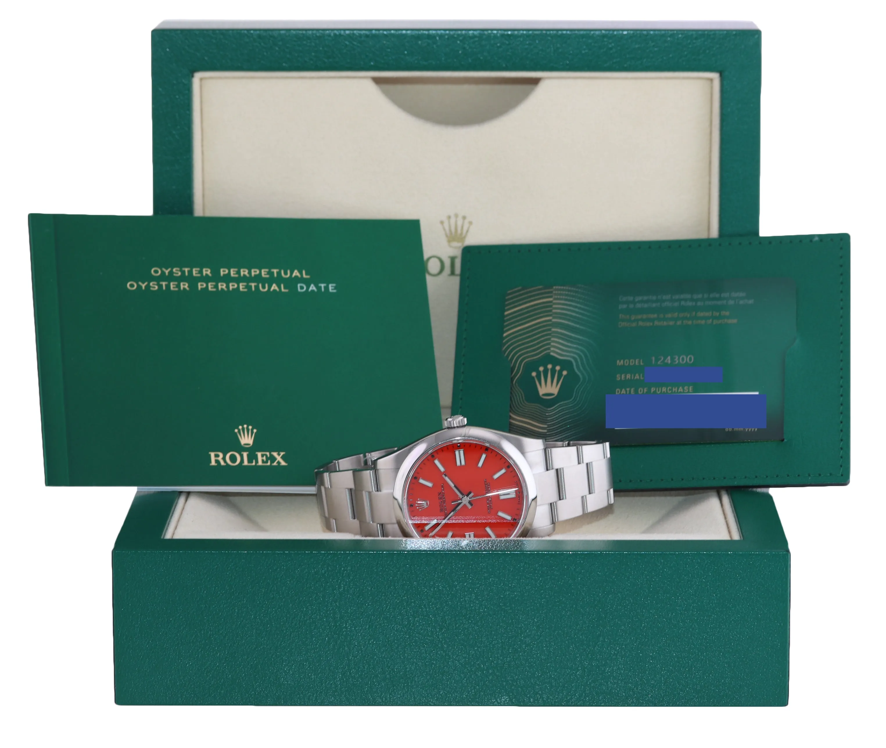 OCT 2021 BRAND NEW PAPERS Rolex Oyster Perpetual 41mm Coral Red Watch 124300