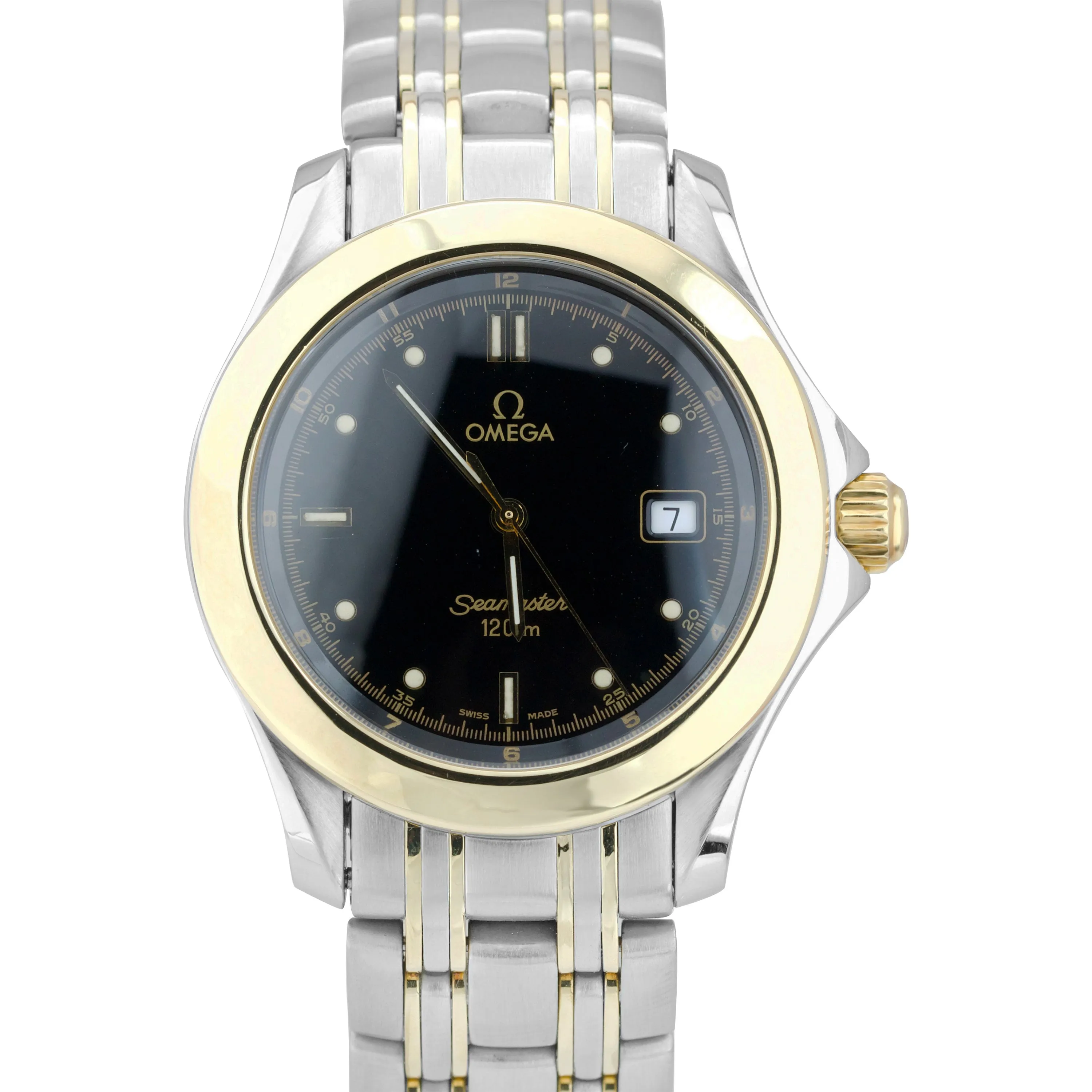 Omega Seamaster 120 Midsize 36mm Two-Tone Gold Black Steel Quartz Watch 196.1501