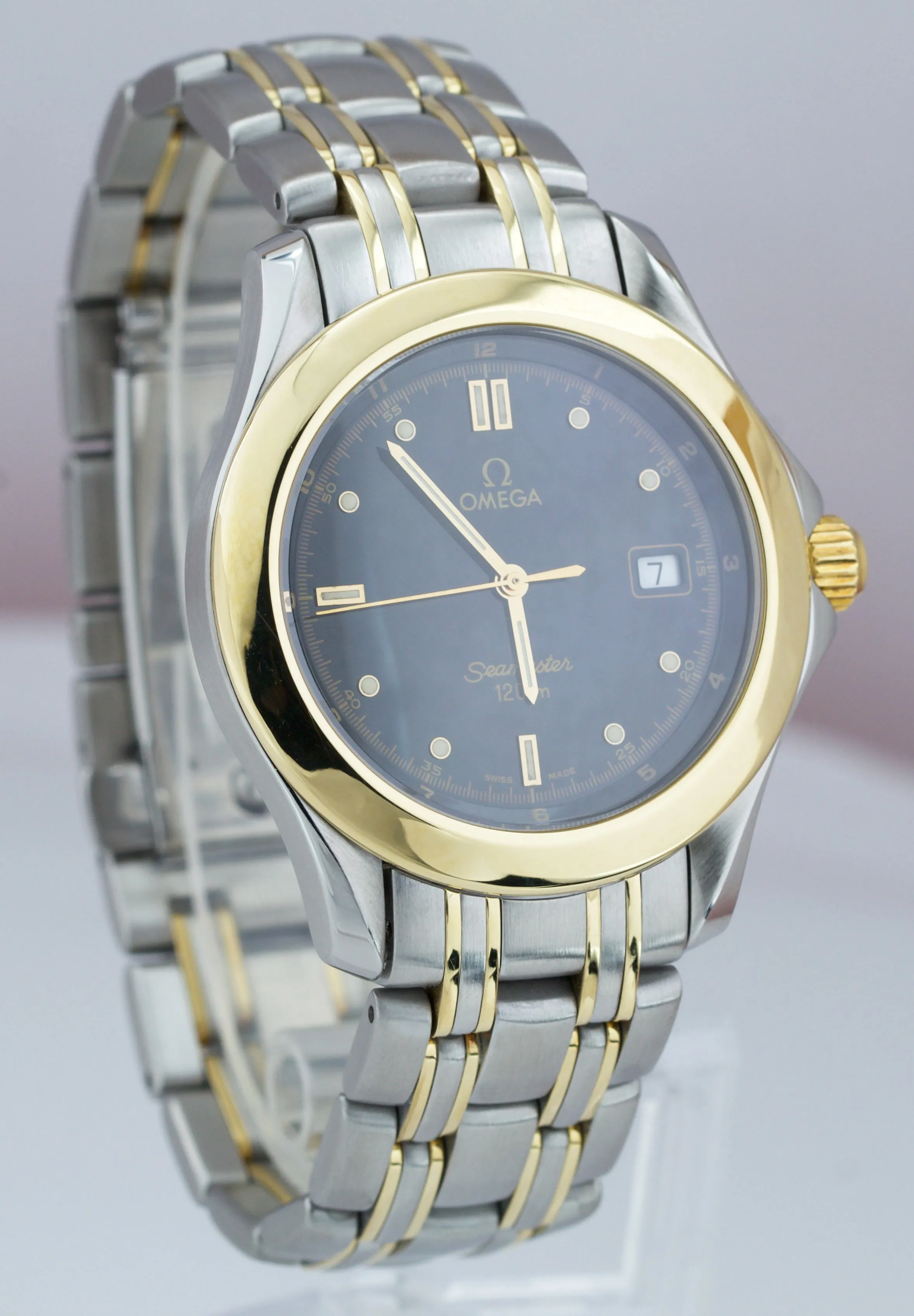 Omega Seamaster 120 Midsize 36mm Two-Tone Gold Black Steel Quartz Watch 196.1501