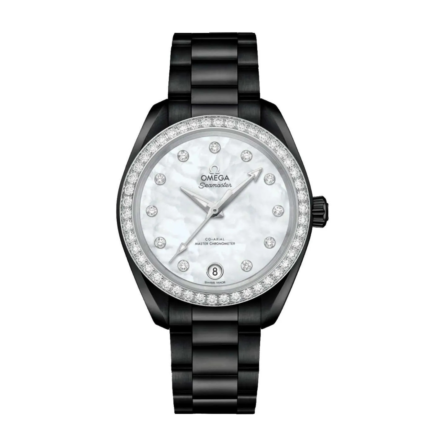 Omega Seamaster Aqua Terra 150M 34mm Watch - Ref: 220.15.34.20.55.001-pvd White Mother of Pearl Diamond Index Dial & Diamond Bezel, Black DLC-PVD Stainless Steel Bracelet