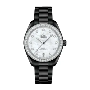 Omega Seamaster Aqua Terra 150M 34mm Watch - Ref: 220.15.34.20.55.001-pvd White Mother of Pearl Diamond Index Dial & Diamond Bezel, Black DLC-PVD Stainless Steel Bracelet