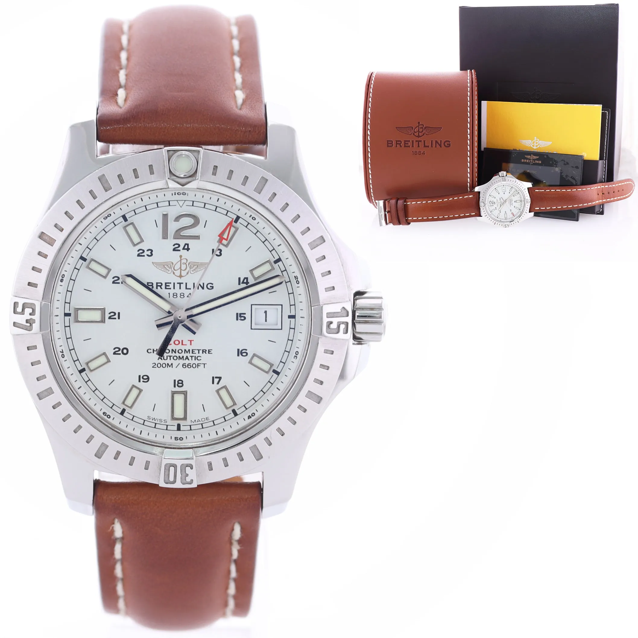 PAPERS Breitling Colt 41mm Steel White Date Automatic Dive Watch A17313 BOX