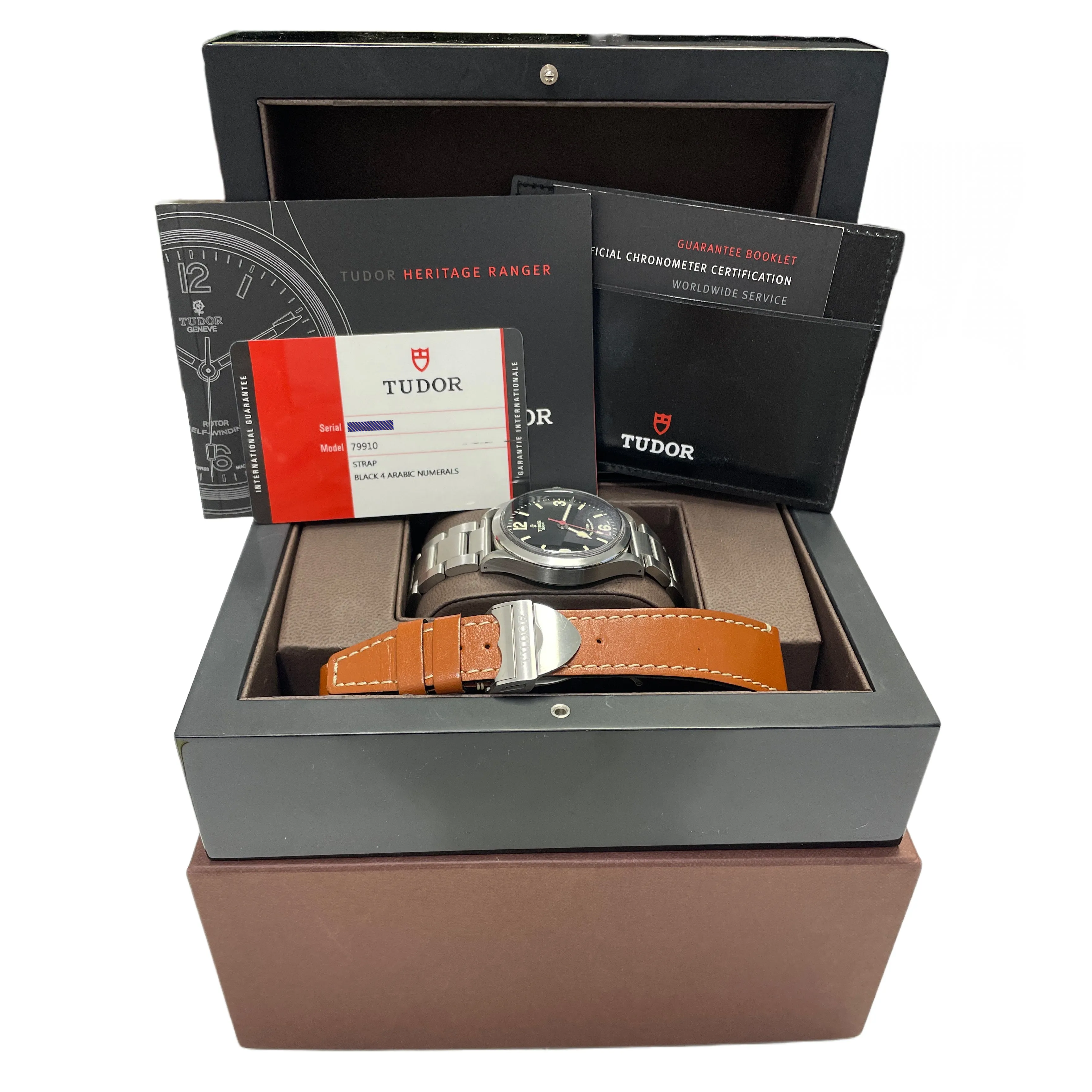 PAPERS Tudor Heritage Ranger 41mm Black Stainless Steel Leather Watch 79910 B P