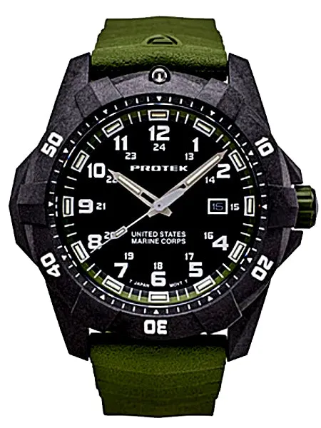 Protek Official United States Marine Corps Watch, 300 meters WR, Tritium, Green Accents, Green Rubber Strap, 1015G