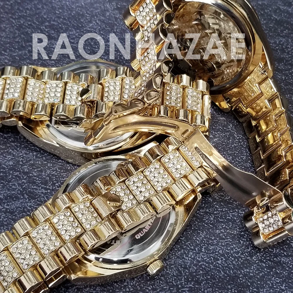 Raonhazae Hip Hop Iced Lab Diamond Blu Face Drake 14K Gold Plated Watch with Rope Bracelet Set - GTR004