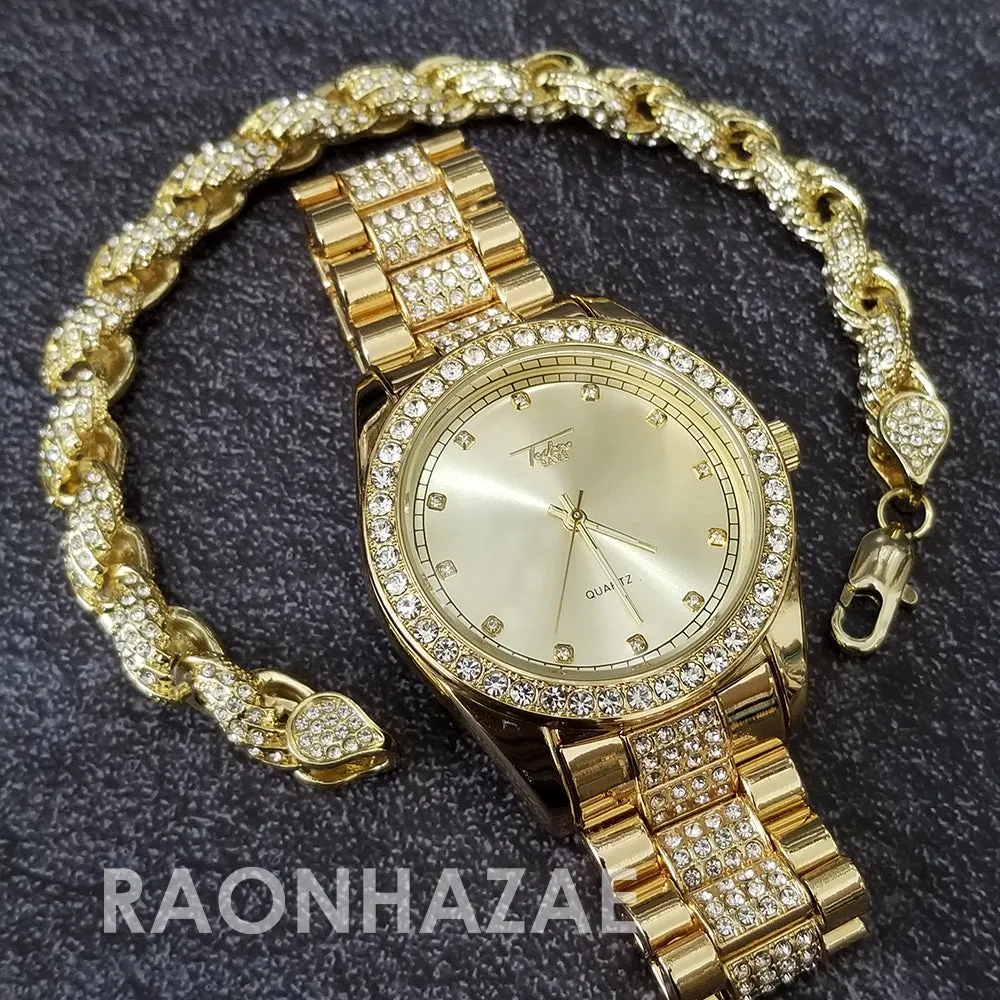 Raonhazae Hip Hop Iced Lab Diamond Blu Face Drake 14K Gold Plated Watch with Rope Bracelet Set - GTR004