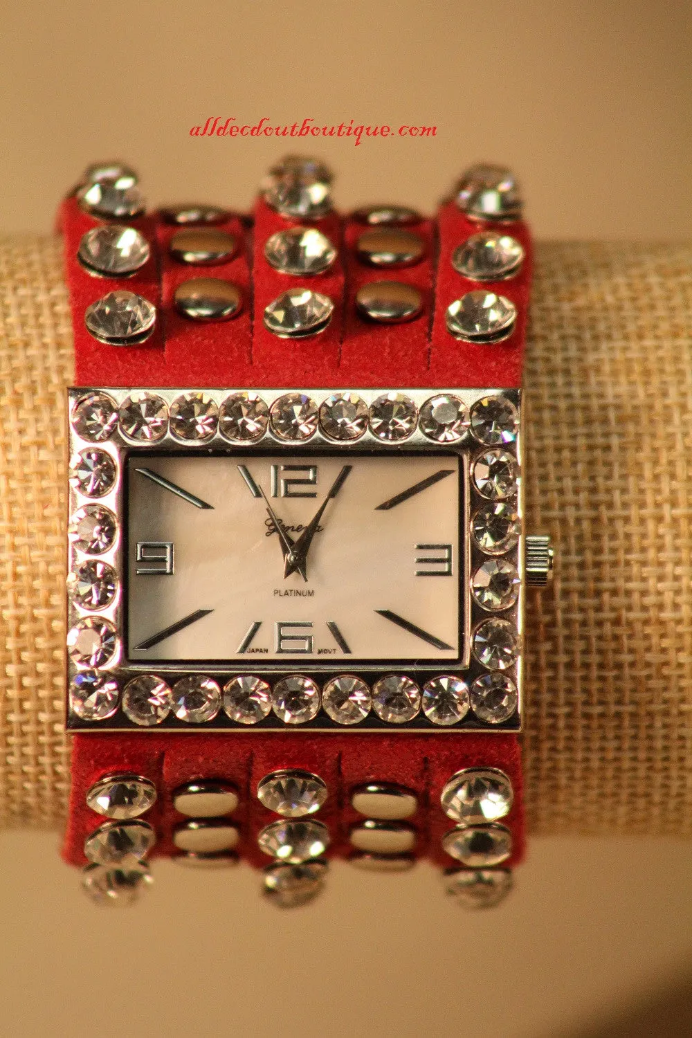 Red/White Silver Studs Clear Rhinestones | Leather Band with Button Clasp