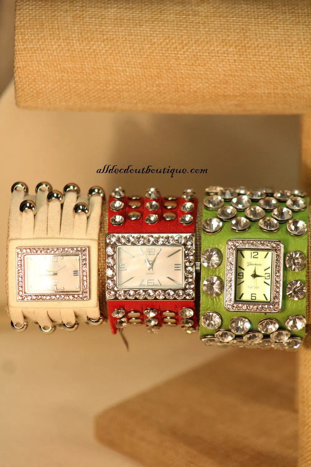 Red/White Silver Studs Clear Rhinestones | Leather Band with Button Clasp