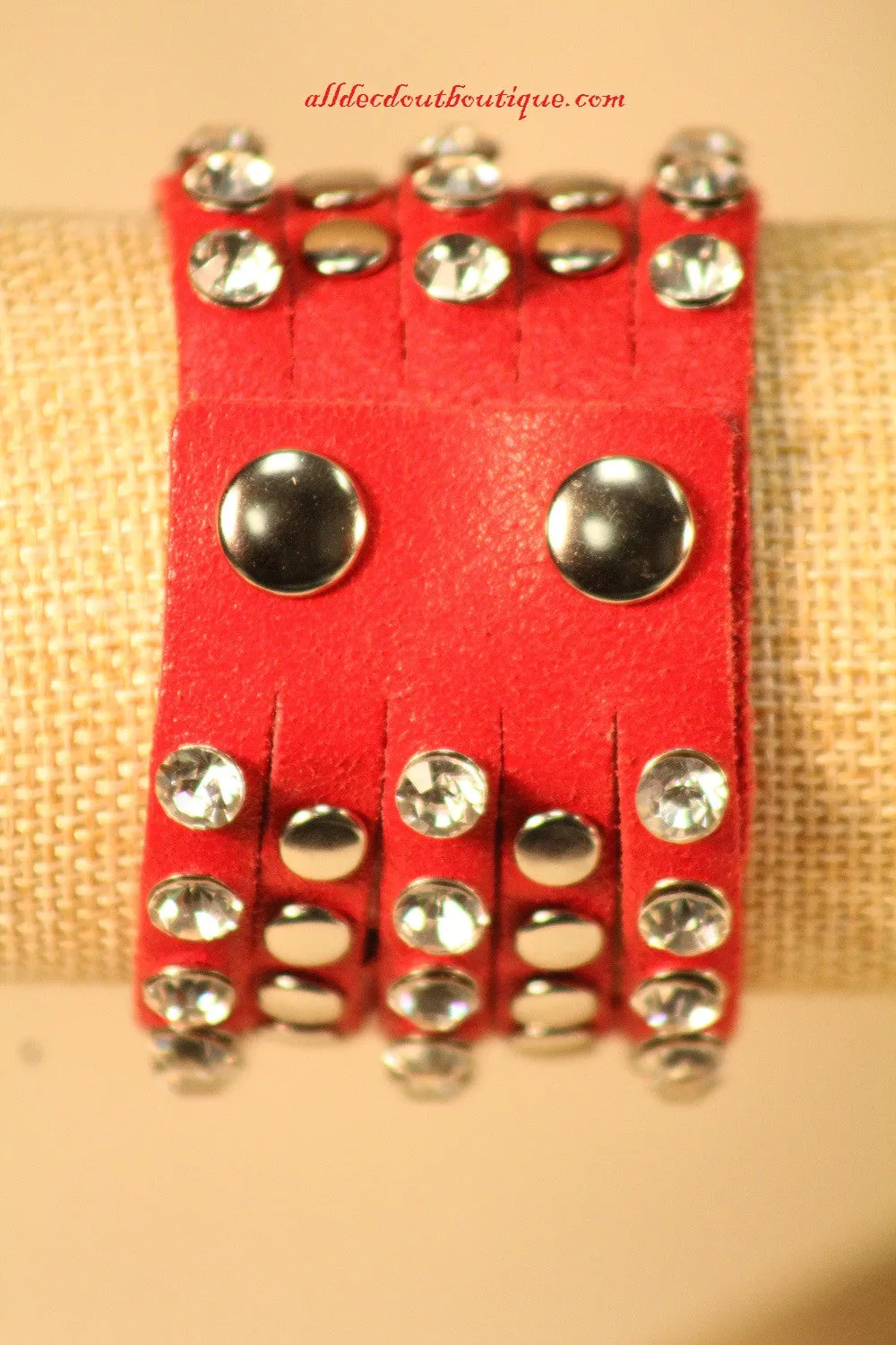 Red/White Silver Studs Clear Rhinestones | Leather Band with Button Clasp