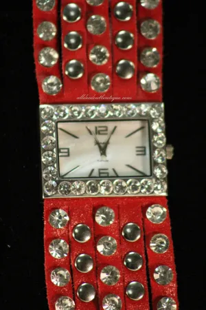 Red/White Silver Studs Clear Rhinestones | Leather Band with Button Clasp