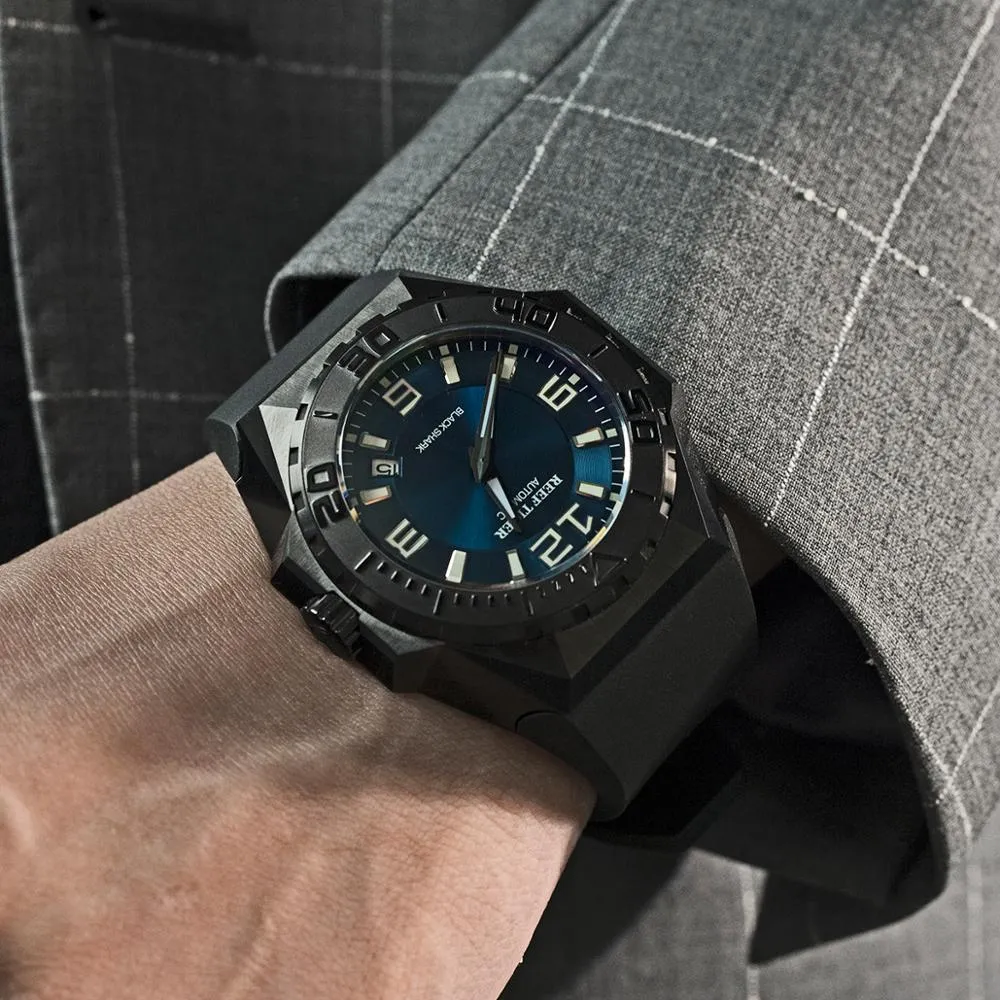 Reef Tiger/RT Top Brand Sport Watches Blue Dial All Black Automatic Mechanical Waterproof Dive Watches Relogio Masculino RGA6903