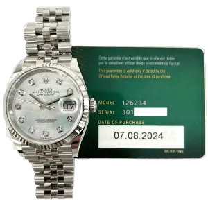 Rolex Datejust 126234 White MOP Diamond Dial Aug 2024