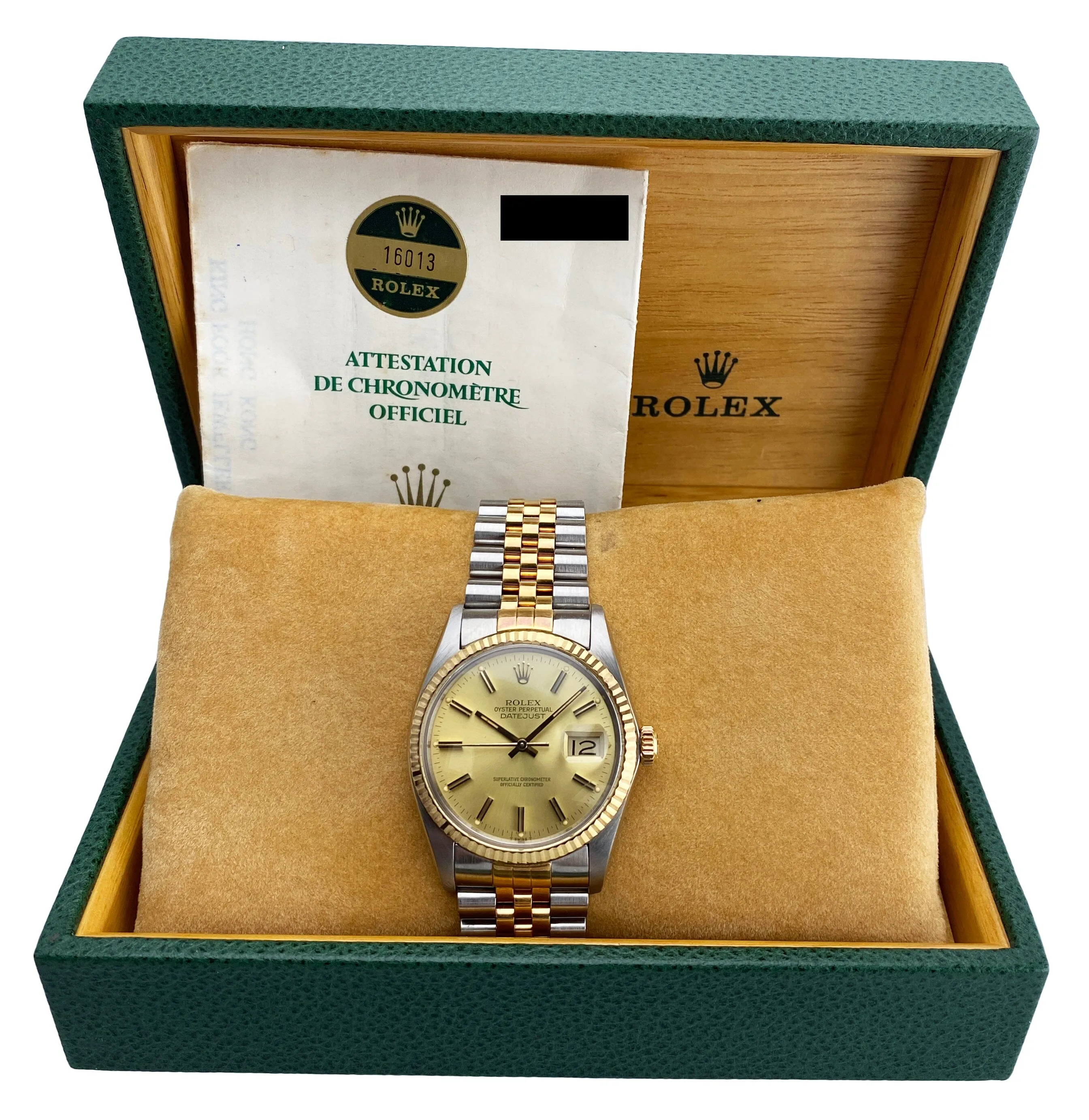 Rolex Datejust 16013 Champagne Dial Mens Watch Box Papers