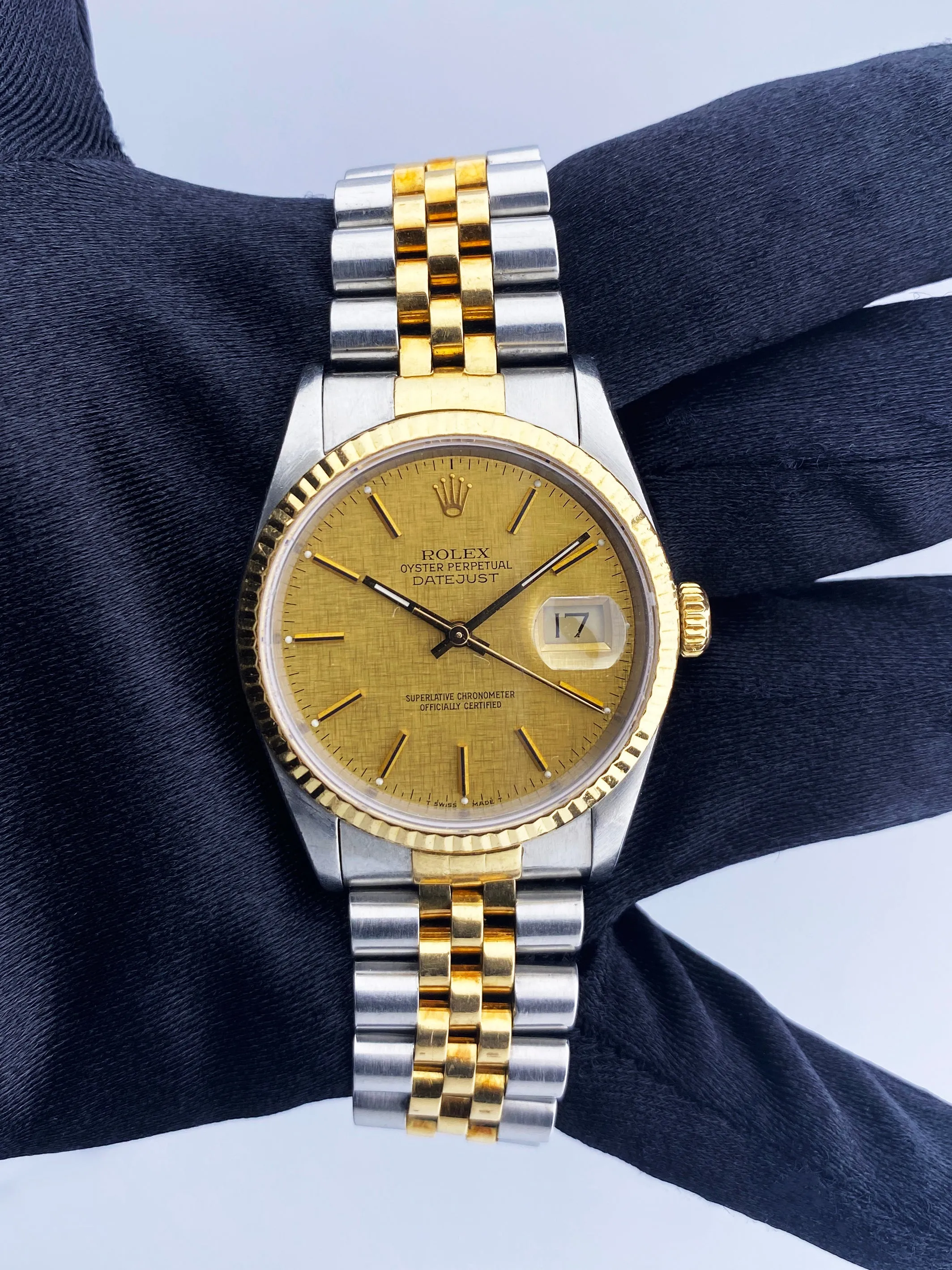 Rolex Datejust 16233 Champagne Linen Dial Mens Watch