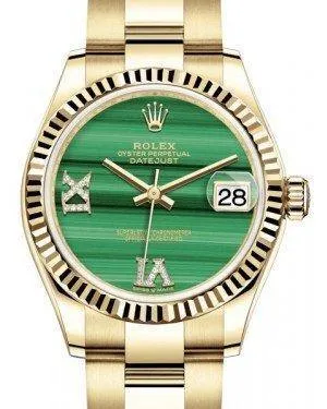 Rolex Datejust 31 Lady Midsize Yellow Gold Green Malachite VI IX Diamond Dial & Fluted Bezel Oyster Bracelet 278278