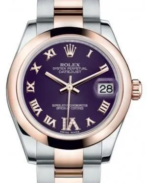 Rolex Datejust 31MM Lady Midsize Rose Gold/Steel Purple Roman Diamond VI Dial & Smooth Domed Bezel Oyster Bracelet 178241 - NEW