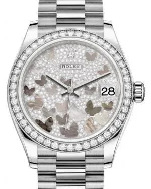 Rolex Datejust 31MM Lady Midsize White Gold Diamond Pave Mother of Pearl Butterfly Dial & Diamond Bezel President Bracelet 278289RBR - NEW