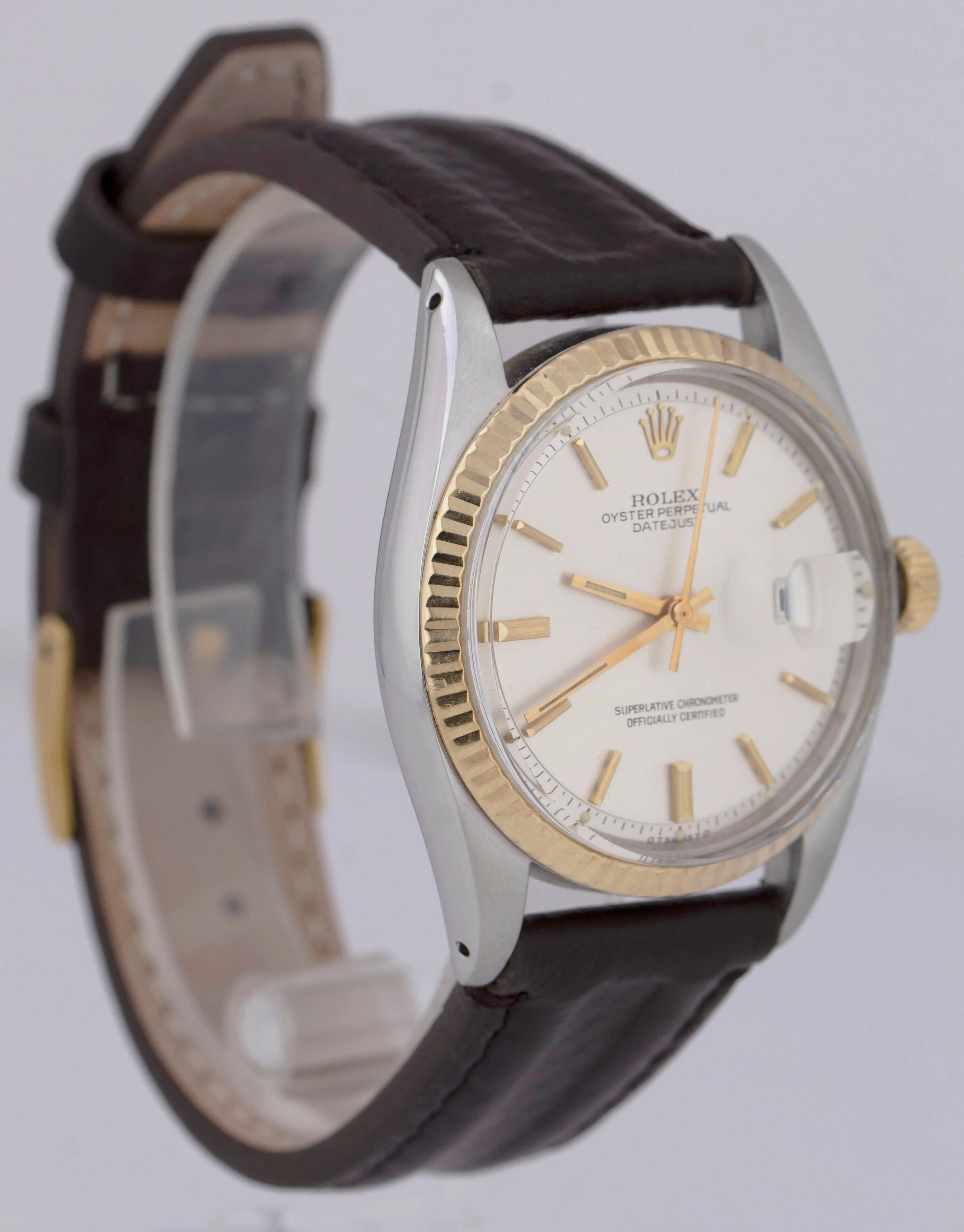 Rolex DateJust 36mm Silver Pie-Pan Sigma Dial 18K Yellow Gold Fluted Watch 1601