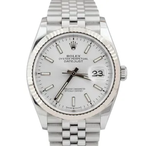 Rolex DateJust Silver 36mm Fluted Steel 18K White Gold Jubilee Watch 126234