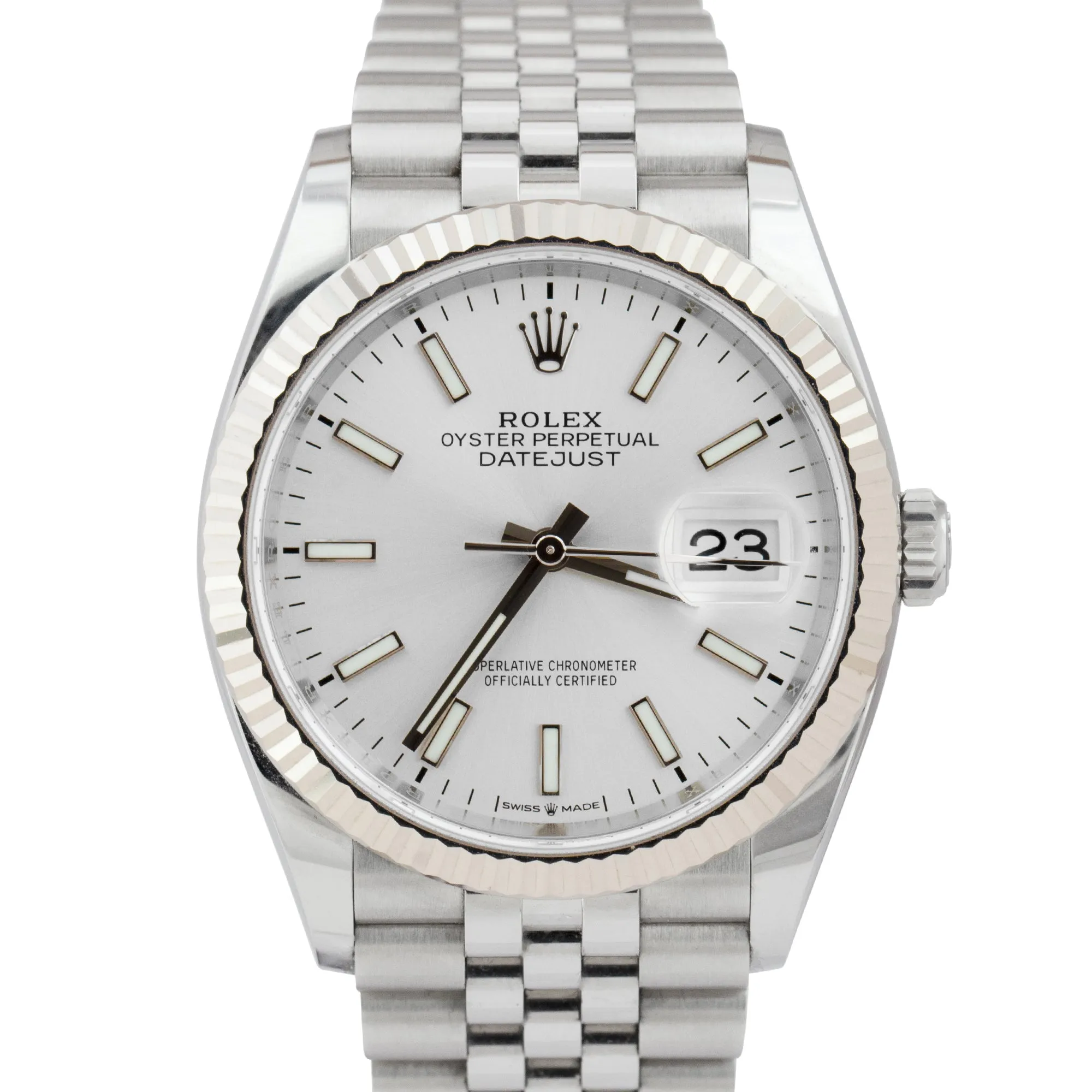 Rolex DateJust Silver 36mm Fluted Steel 18K White Gold Jubilee Watch 126234