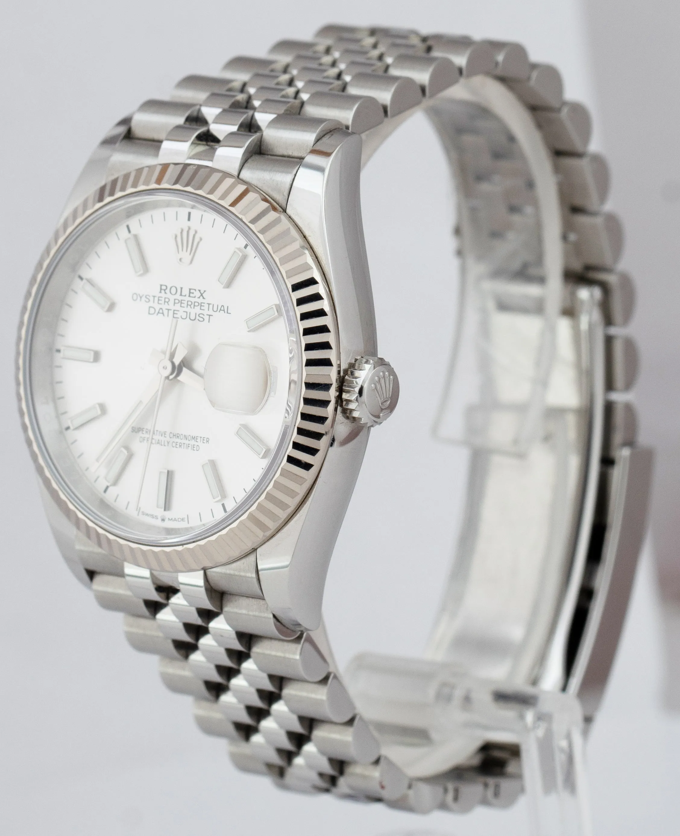 Rolex DateJust Silver 36mm Fluted Steel 18K White Gold Jubilee Watch 126234