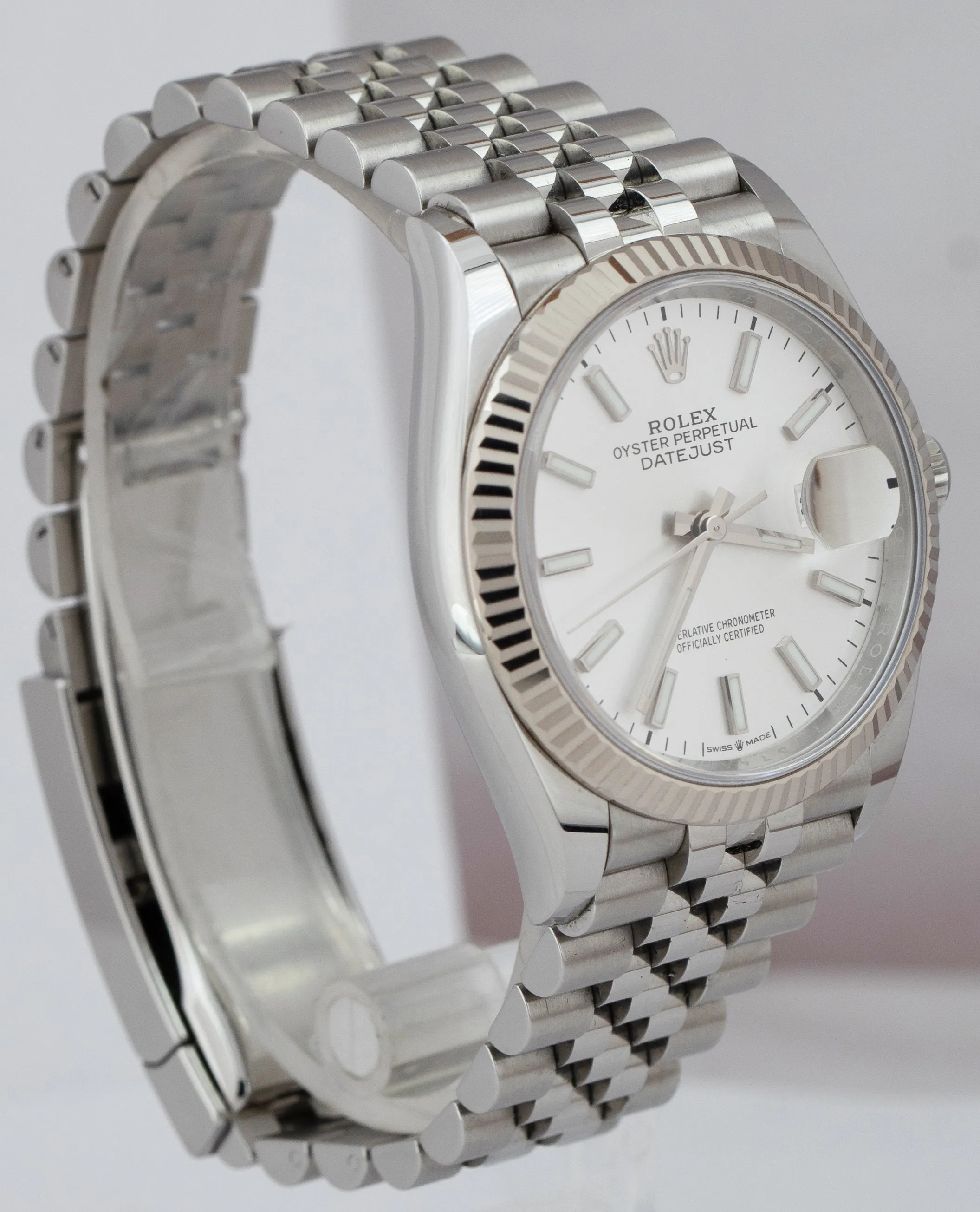 Rolex DateJust Silver 36mm Fluted Steel 18K White Gold Jubilee Watch 126234