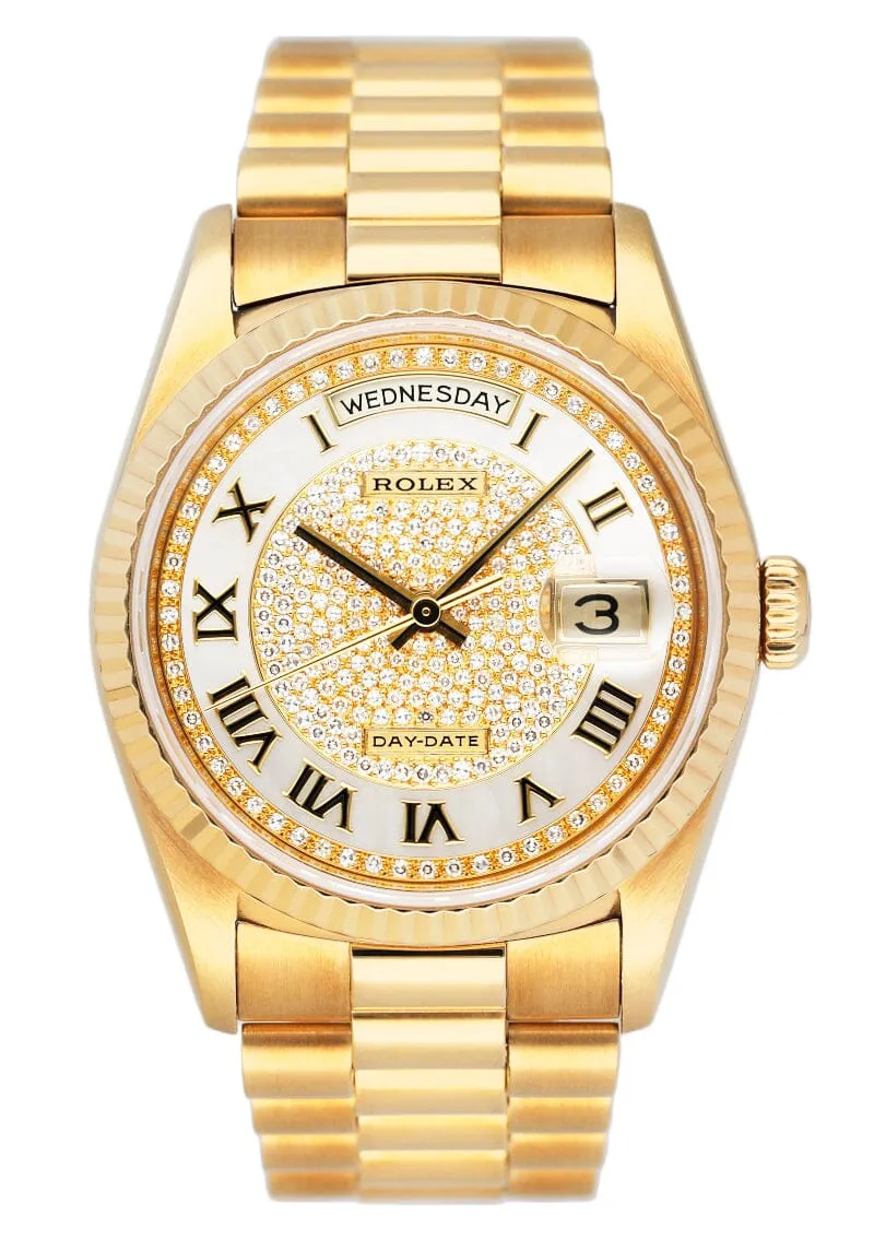 Rolex Day Date 18238 MOP Pave Diamond Dial Mens Watch