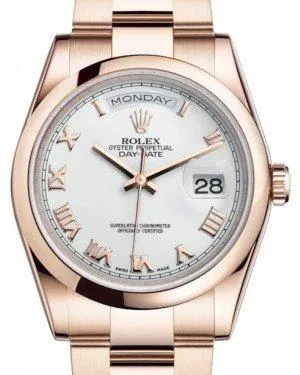 Rolex Day-Date 36 Rose Gold White Roman Dial & Smooth Domed Bezel Oyster Bracelet 118205