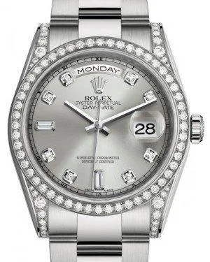 Rolex Day-Date 36 White Gold Silver Diamond Dial & Diamond Set Case & Bezel Oyster Bracelet 118389