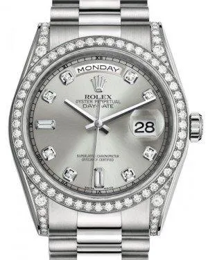 Rolex Day-Date 36 White Gold Silver Diamond Dial & Diamond Set Case & Bezel President Bracelet 118389