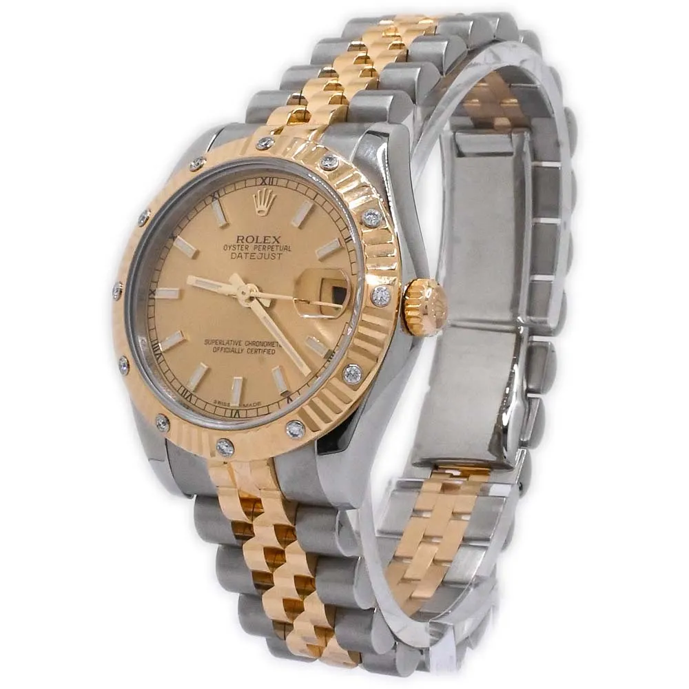 Rolex Ladies Datejust Two Tone Yellow Gold and Stainless Steel 31mm Champagne Stick Dial Watch Reference #: 178313