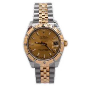 Rolex Ladies Datejust Two Tone Yellow Gold and Stainless Steel 31mm Champagne Stick Dial Watch Reference #: 178313