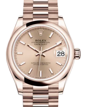 Rolex Lady-Datejust 31 Rose Gold Rose Index Dial & Smooth Domed Bezel President Bracelet 278245