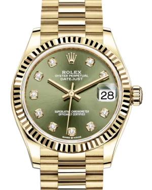 Rolex Lady-Datejust 31 Yellow Gold Olive Green Diamond Dial & Fluted Bezel President Bracelet 278278