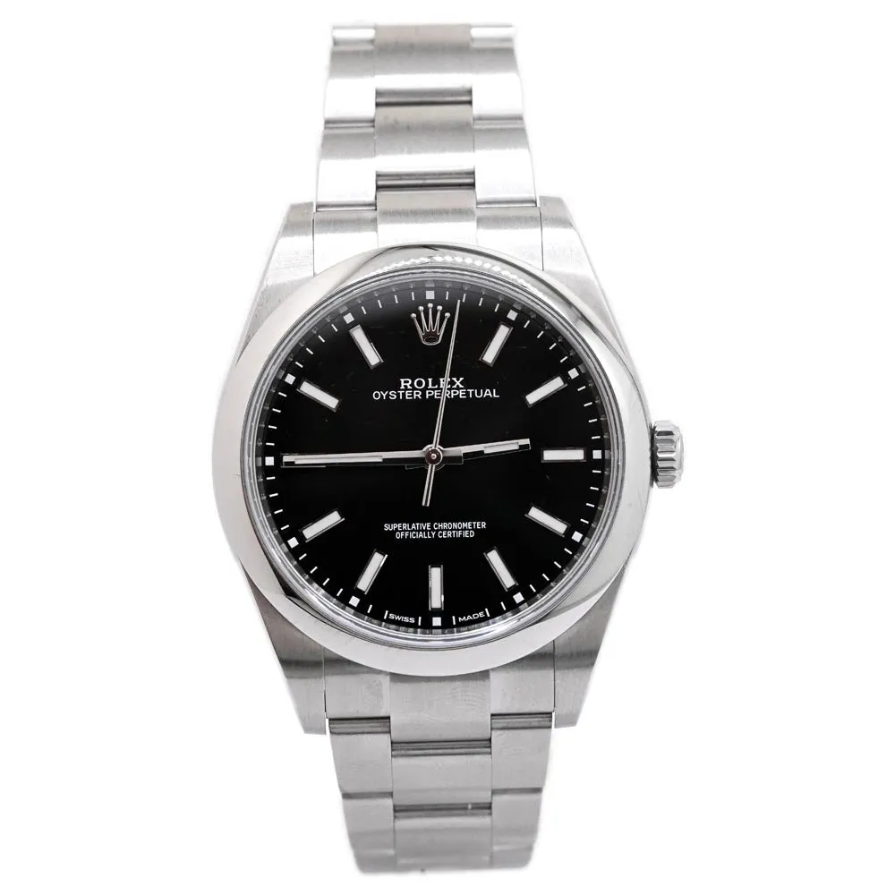 Rolex Men's Oyster Perpetual Stainless Steel 39mm Black Stick Dial Watch Reference #: 114300