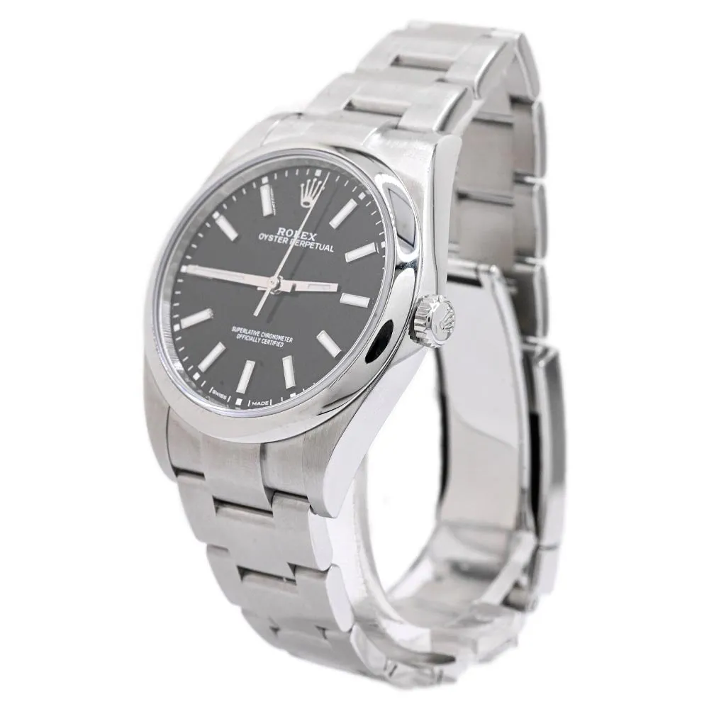 Rolex Men's Oyster Perpetual Stainless Steel 39mm Black Stick Dial Watch Reference #: 114300